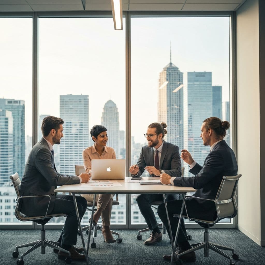 International business team collaborating in a modern glass conference room with city skyline