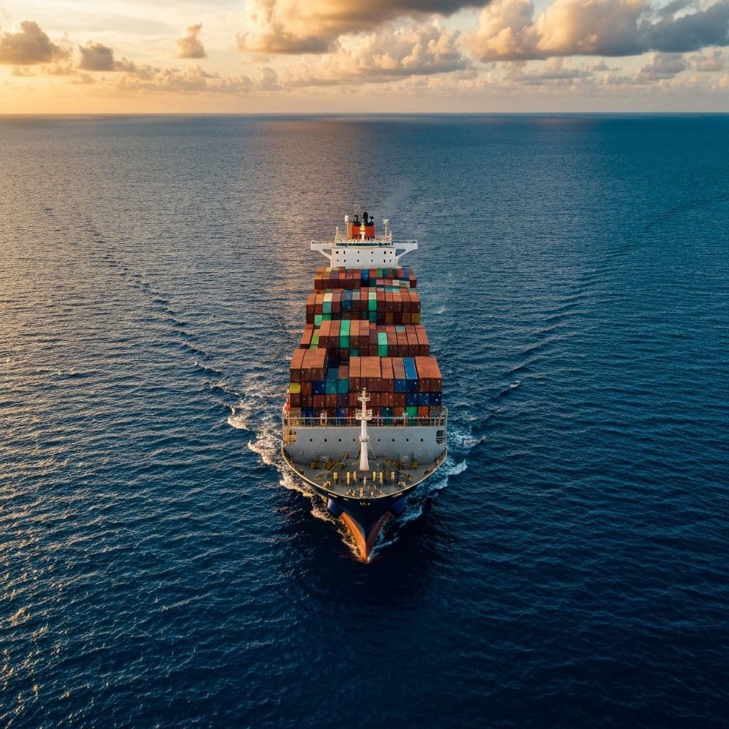 Aerial view of cargo ship loaded with colorful shipping containers sailing across deep blue ocean at golden hour